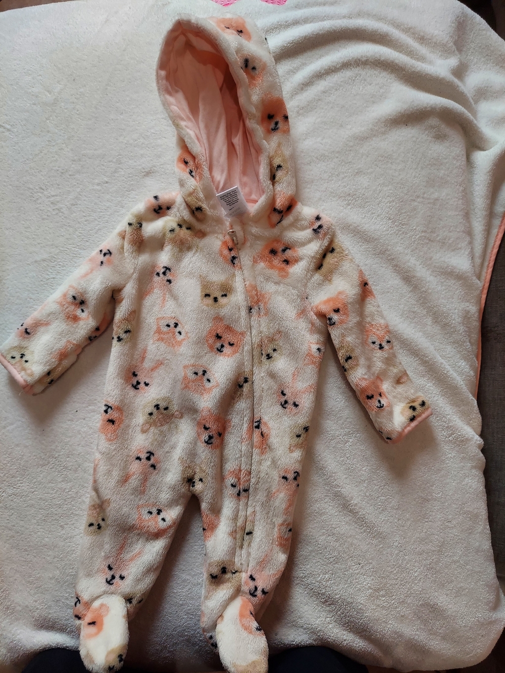Hooded Plush Baby One-Piece in Light Pink Animal Print